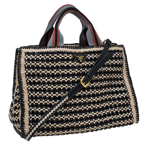 prada beige/black woven goatskin leather madras tote bag bn2658|Beige/Black Woven Goatskin Leather Madras Tote Bag BN2658.